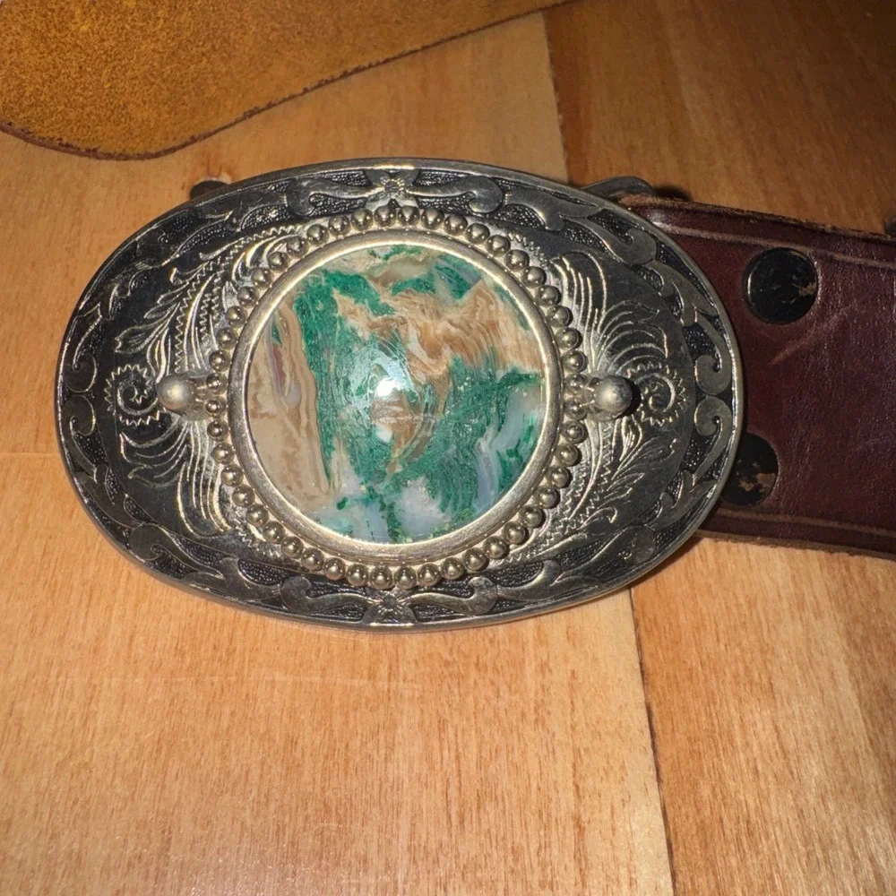 Vintage Justin Western Leather Belt Brown Leather Silver Tone Stone‎ Buckle USA
